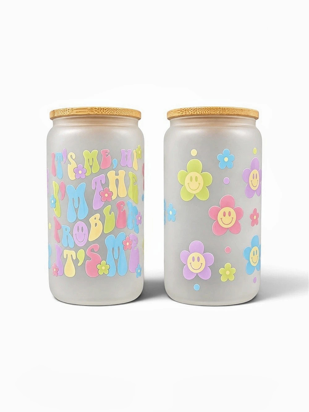 Retro Pastel Smiley Flower Glass Cup 16 oz Bamboo Lid & Straw Handmade